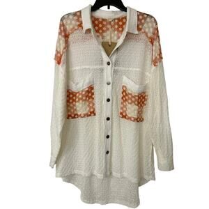 Women’s White Sheer Button-Up Top with Orange Floral Accents